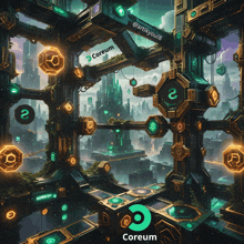 a painting of a futuristic city with the words coreum on it