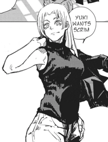 a black and white drawing of a woman with a speech bubble that says " yuki wants scrim "