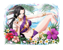 a girl in a bikini is surrounded by flowers and leaves