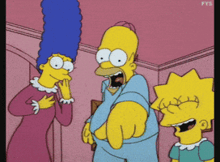 a cartoon of homer simpson pointing at marge simpson and maggie simpson