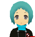 a cartoon character with blue hair is wearing a blue scarf and a black jacket .