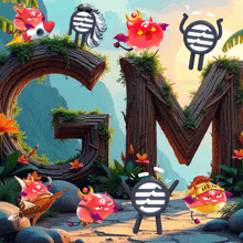 a group of cartoon characters are standing around a large letter g