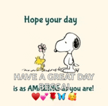 a snoopy and woodstock greeting card that says hope your day has a great day