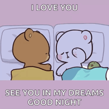 a cartoon of two teddy bears kissing with the words i love you see you in my dreams good night