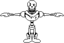 papyrus from undertale is a black and white pixel art drawing of a skeleton robot .