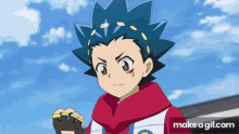 a boy with blue hair and a red hoodie is standing in front of a cloudy sky .