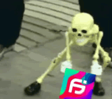 a skeleton is standing next to a colorful sign that says ' f ' on it