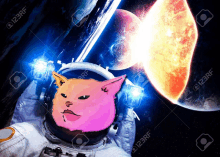 an astronaut with a pink cat on his helmet is in space