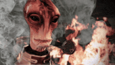 a close up of an alien 's face with smoke coming out of it