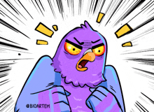 a cartoon drawing of a purple pigeon with an angry look on his face