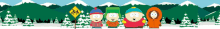 a group of south park characters standing next to each other in front of snowy mountains