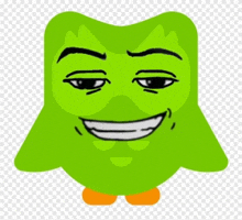 a green cartoon character with a smiling face and orange feet .