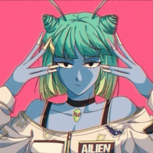 a girl with green hair is wearing a shirt that says " alien "