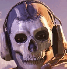 a close up of a skull wearing headphones and a helmet .