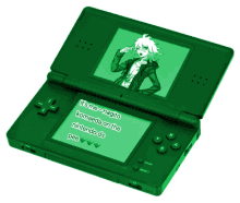 a green nintendo ds that says it 's me-nagito komaeda on the nintendo ds pee