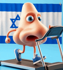 a cartoon nose is running on a treadmill in front of a flag of israel