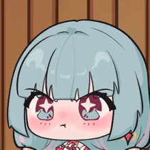 a drawing of a girl with blue hair and pink eyes
