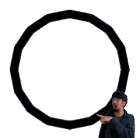 a pixel art of a man pointing at a yellow circle on a white background