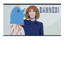 a woman in a blue dress is holding a blue bird with the word banned on the bottom right