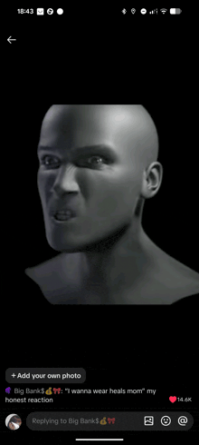 a black and white photo of a man 's face with a reply from big bank $