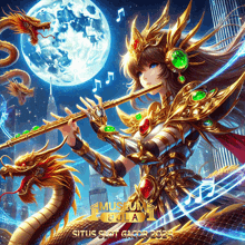 a poster for situs slot gacor shows a girl playing a flute and a dragon