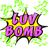 a yellow and pink speech bubble with the words " love bomb " surrounded by music notes