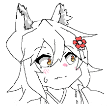 a black and white drawing of a fox girl with a flower in her hair .