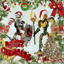 a christmas greeting card with robots and a christmas tree