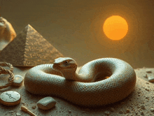 a snake is laying on the ground next to a pyramid