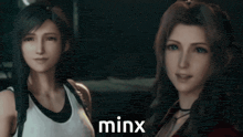 two anime girls are standing next to each other and the word minx is on the bottom right