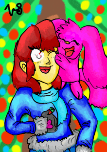 a colorful drawing of a girl and a pink cat with the number 18 on the bottom right