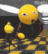 a yellow smiley face is holding a gun in a hallway with a sign that says eye eye