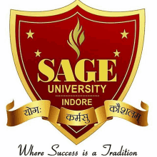 the logo for sage university indore is a red shield with a gold ribbon around it .