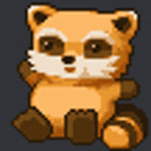 a pixel art of a raccoon sitting down on a dark blue background .