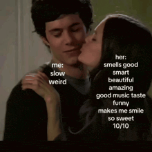 a woman kisses a man on the cheek while a list of traits is displayed below them