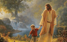 a painting of jesus holding the hand of a little boy .