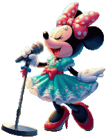 minnie mouse is singing into a microphone in a blue dress