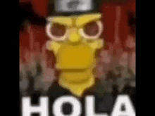 a cartoon character wearing a hat and glasses is standing in front of a crowd and says hola .