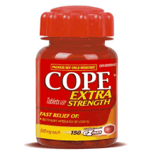 a red bottle of cope extra strength tablets usp