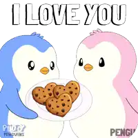 a couple of penguins holding a plate of heart shaped cookies with the words i love you above them