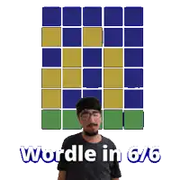 a man with glasses and a beard is standing in front of a cube that says wordle in 6/6