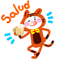 a cartoon cat holding a mug of beer with the word salud above him