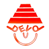 a red logo that says devo on it