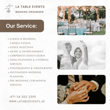 an ad for la table events wedding organizer shows a bride and groom