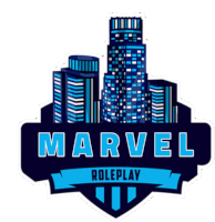 a logo for marvel roleplay with a cityscape in the background