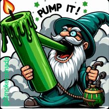 a cartoon of a gnome smoking a pipe with the words pump it