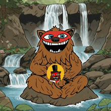 a cartoon of a bear with a top hat sitting in front of a waterfall