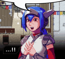 a pixel art drawing of a girl with a speech bubble that says !