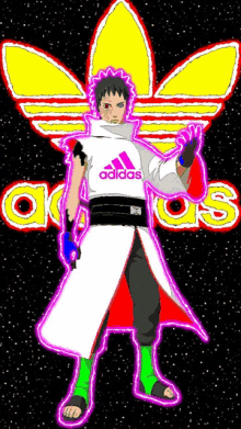 a man in a white adidas shirt stands in front of a large adidas logo