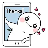 a cartoon character is holding a cell phone with the words `` thanks '' written on it .